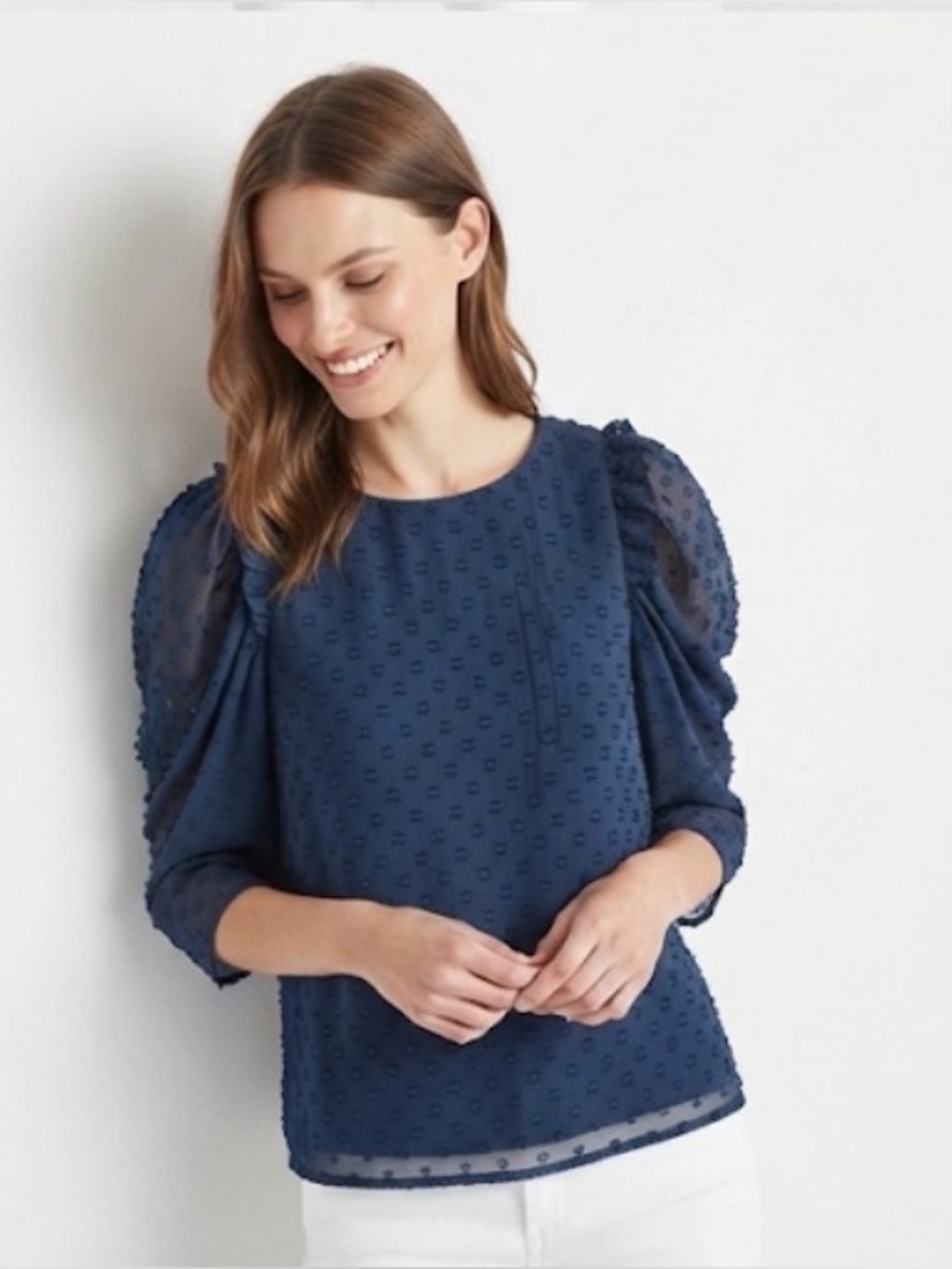 Crosby Lurie Navy Blue Swiss Dot Puff Sleeve Top